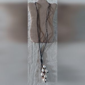 Handmade White & Gold Pearl And Black Leather 3 String Necklace